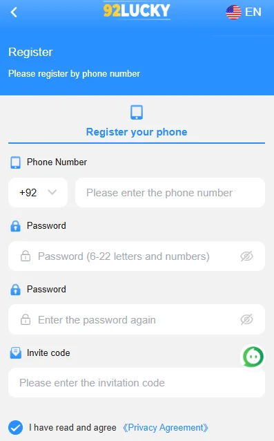 92lucky account registration